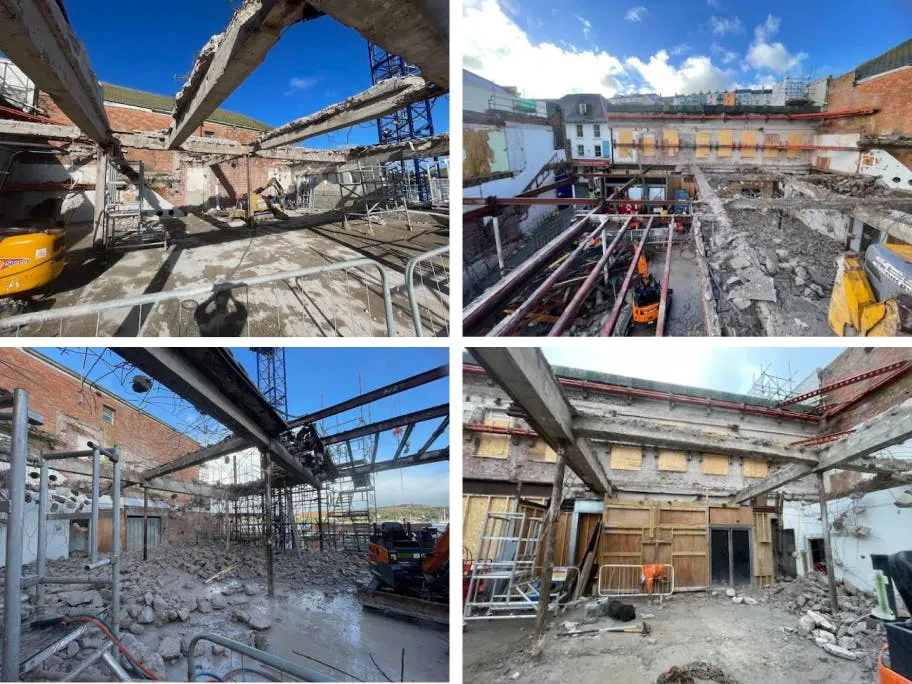 The old roof structure has been removed, waste is being cleared, and further strip-out works are underway.