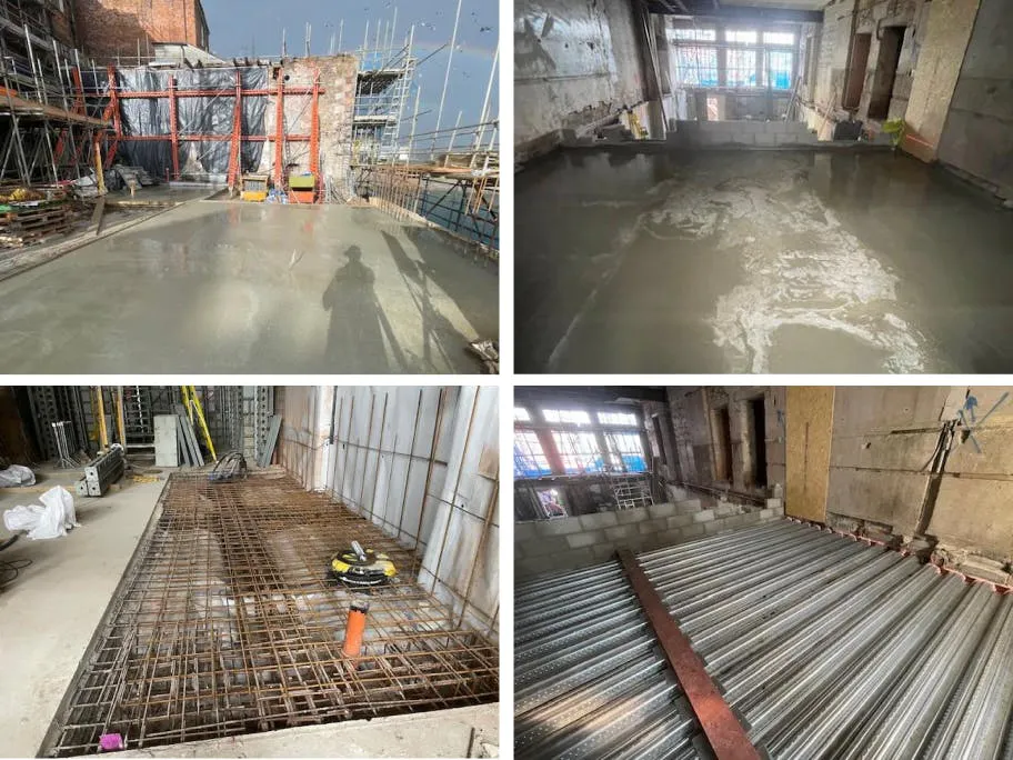 New slabs have been poured on the ground floor and in the courtyard, with ComFlor composite steel floor decking visible at the bottom right, ready to be poured with concrete.