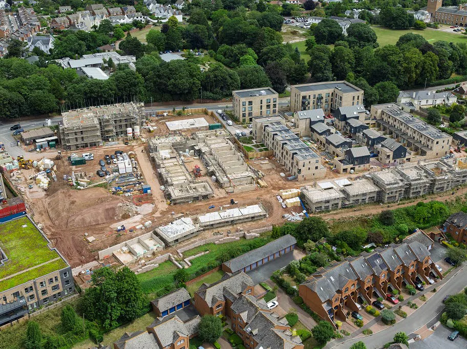 Block A on Phase 2 now stands at full height with scaffold nearing removal, while foundations and masonry rise steadily across the rest of the site bringing the wider vision of St. Leonards Quarter into view.