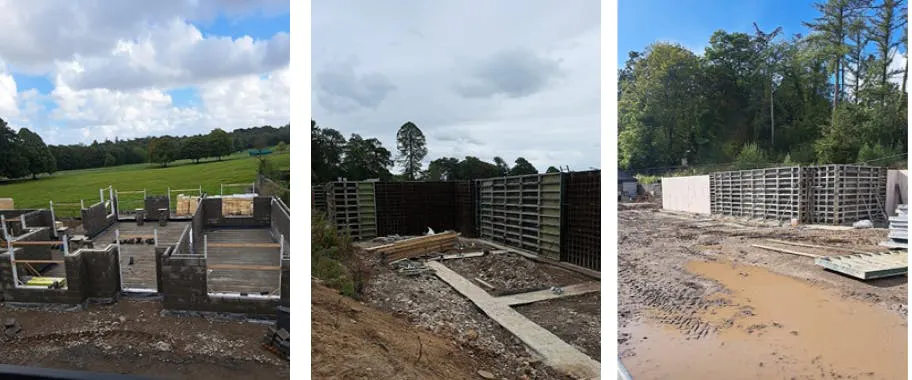 Early-stage construction activity continues across multiple areas of the site, with groundworks, retaining structures, and initial blockwork all visibly progressing.