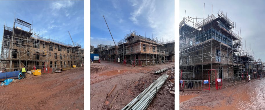 Upper floors and masonry continue to rise across the later phases at St Leonards Quarter, with roofing and internal works advancing steadily behind the scaffolded elevations.