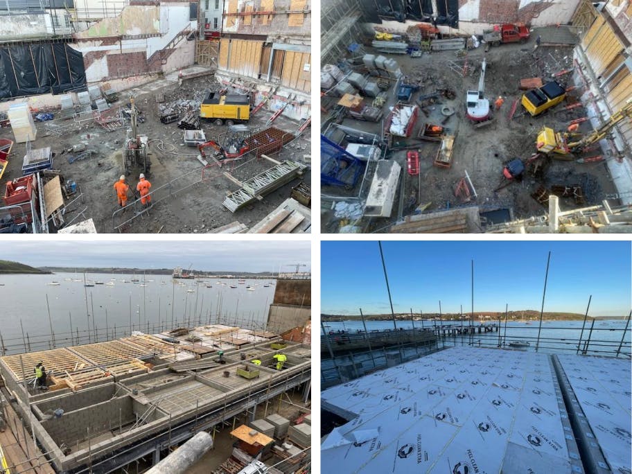Above, Phase 3 piling locks the foundations in place. Below, Posi-Joists go in across plots 12 and 13, which are open-web engineered beams that carry both the floor load and the services running through them.