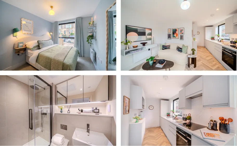 Canynge Place show home interiors showing the kitchen, living area, bedroom and bathroom of a two-bedroom apartment.