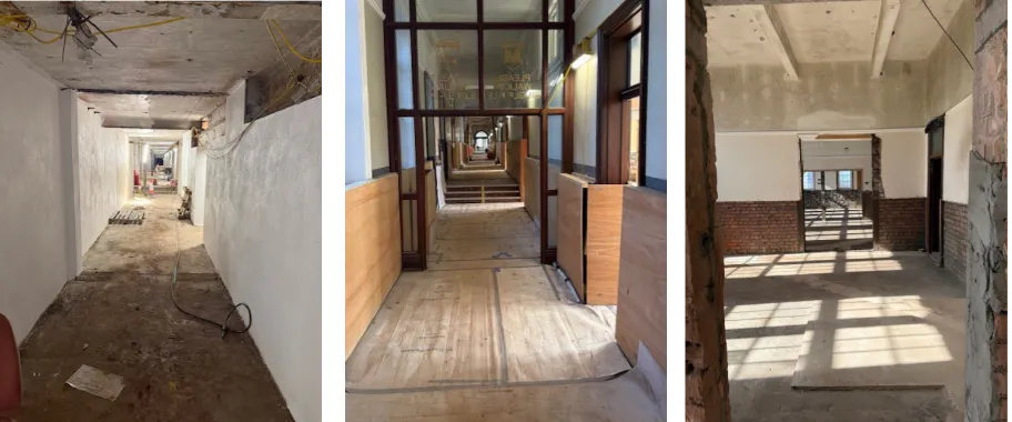 The main building is opening up as preparatory works complete, with cleared floor plates and retained period features becoming visible throughout.