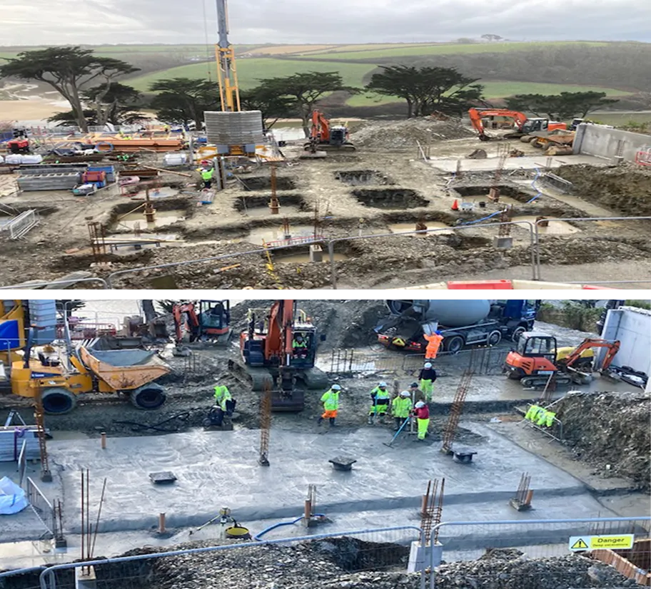 Pad foundations are visible across the site in the top image, with rebar starter bars cast in and excavation still active. The lower image shows the ground floor slab pour underway, with the concrete being screeded and levelled across the reinforced base.