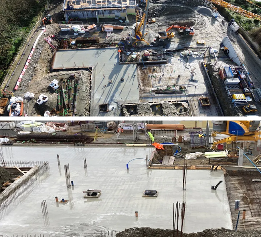 The ground floor slab takes shape across both blocks, with the aerial view showing the extent of the pour and rebar grids awaiting encasement. At ground level, the finished concrete surface reveals service penetrations and column starter bars set to receive the structure above.