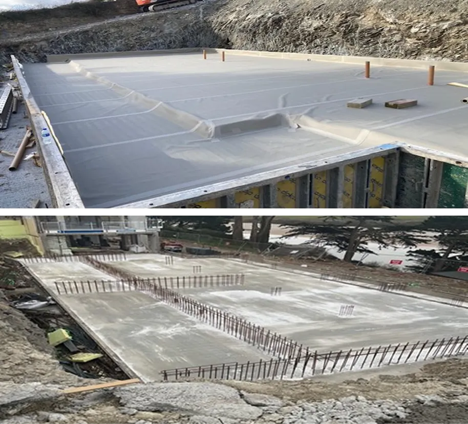 Concrete down and steel reaching up, the floor of houses 21 and 22 takes shape with membrane sealed and slab poured