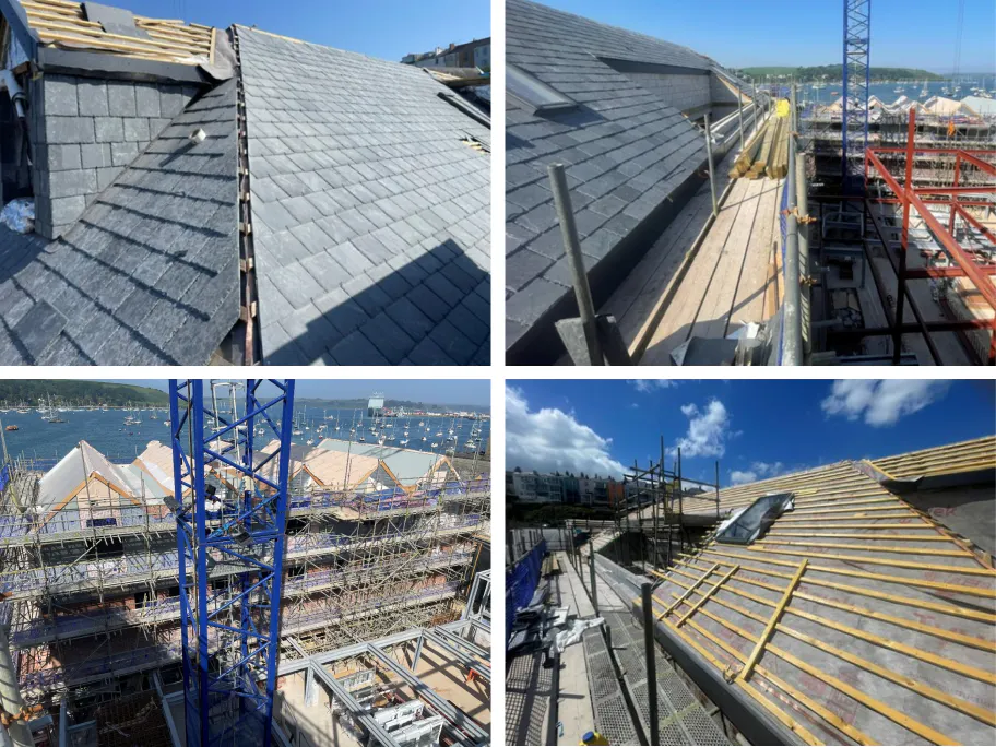 Slate being laid across the bank building roof, with felt, batten and Velux rooflights already in place beneath.