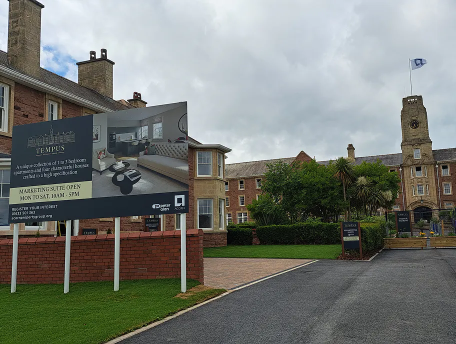 The Tempus At Parc y Coleg sales board in position on Lodge Road, marking the opening of the development to prospective buyers.