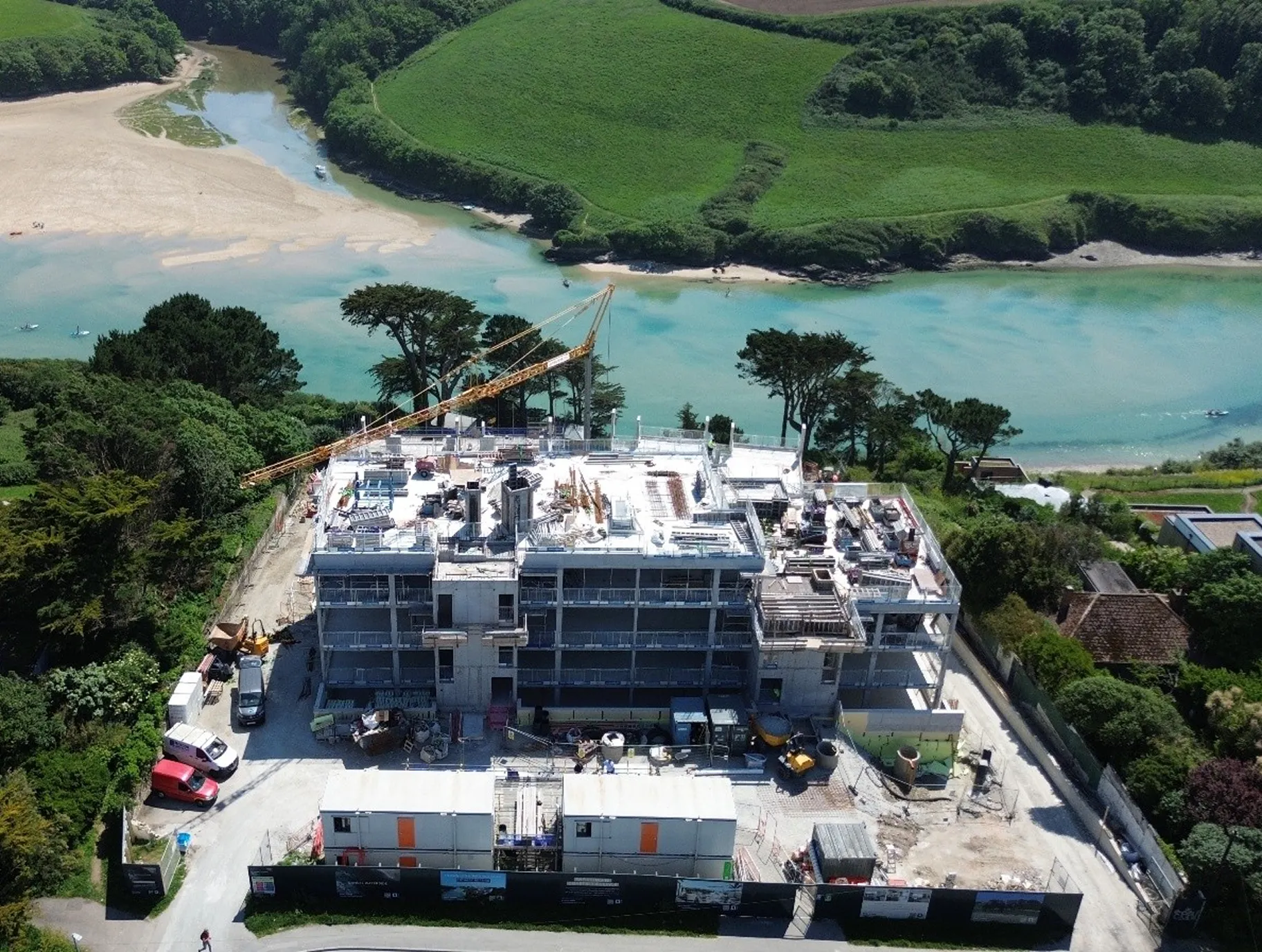 The apartment block frame, looking over the Gannel Estuary, is completed to its uppermost level.