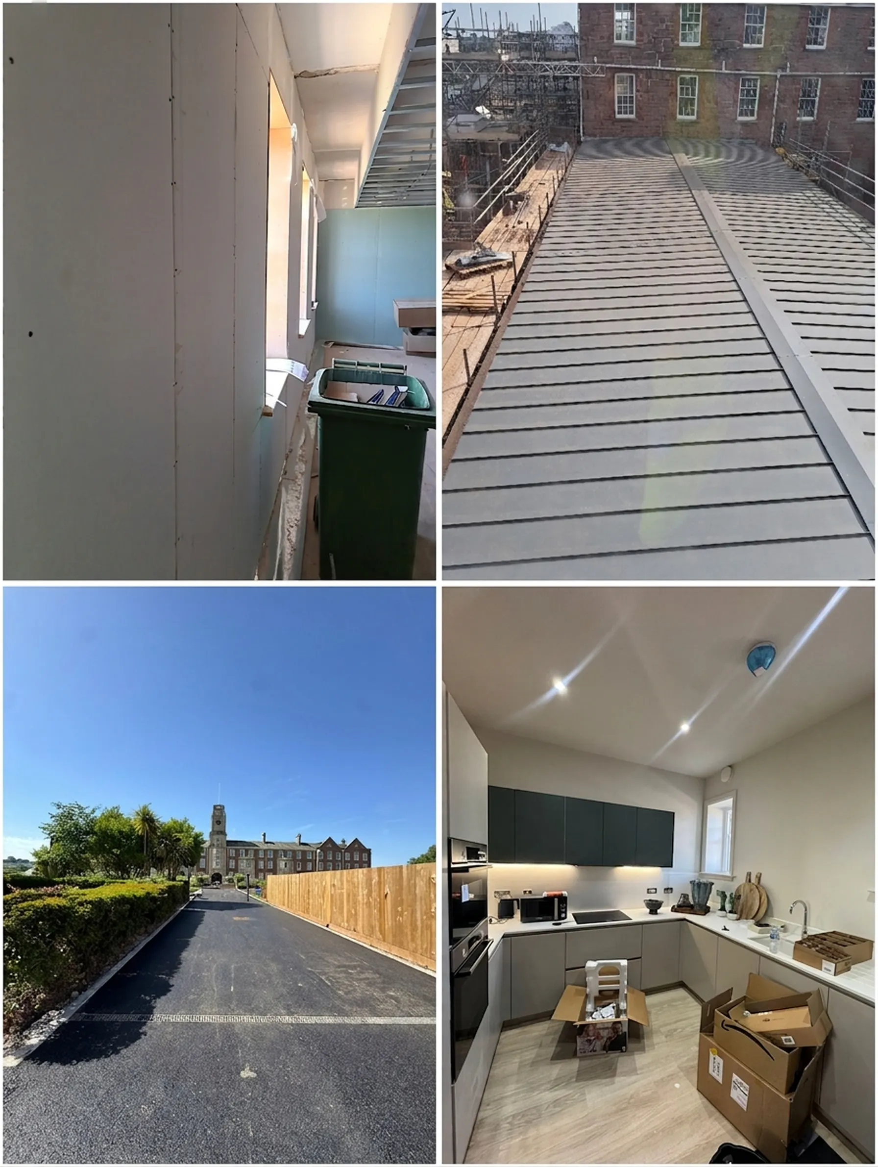 Plasterboard corridors give way to a finished zinc roofline, a resurfaced approach drive, and a move-in-ready kitchen, marking the shift from fit-out to completion.