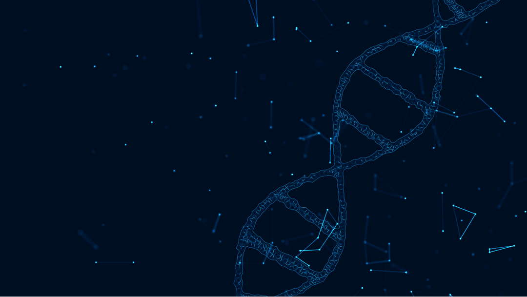 A blue DNA strand floating on a black background