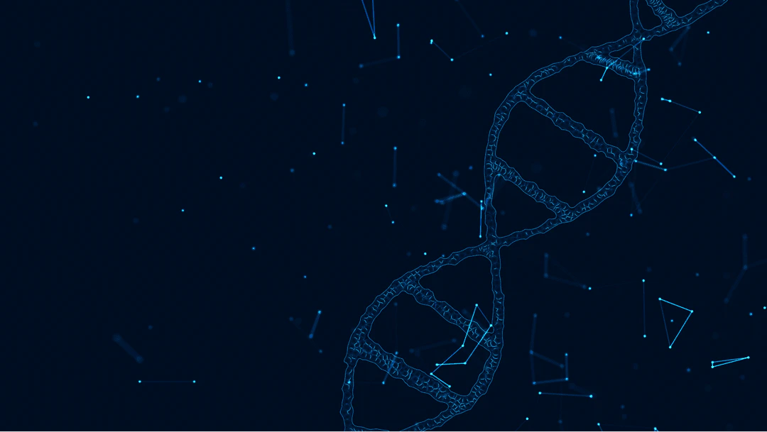A blue DNA strand floating on a black background