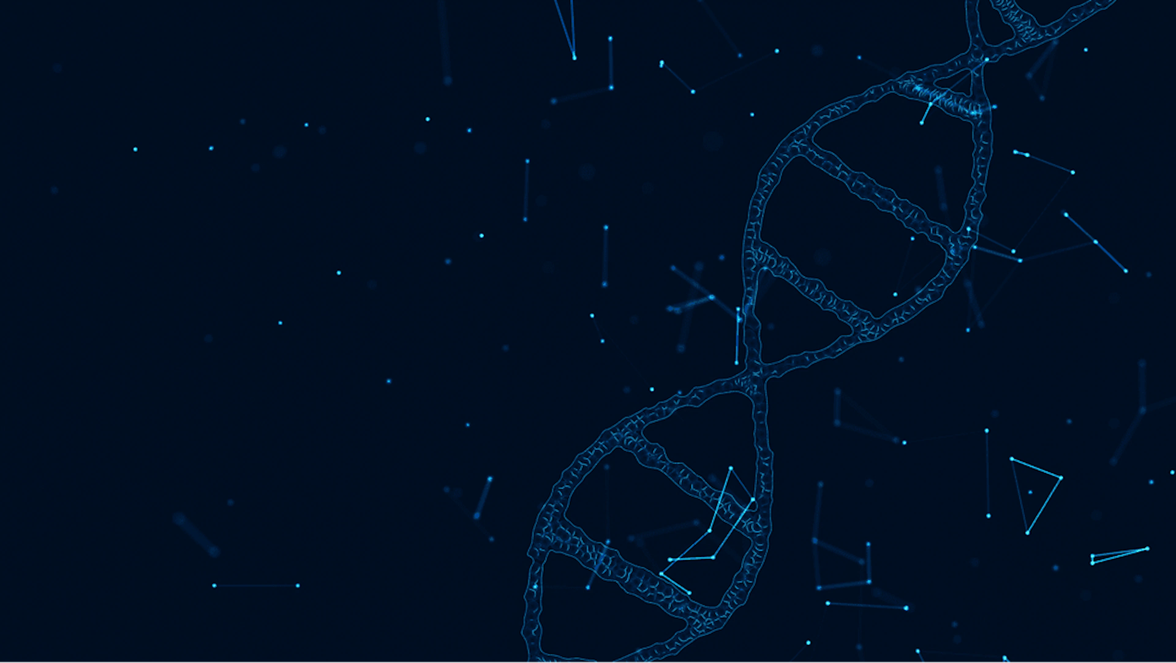 A blue DNA strand floating on a black background