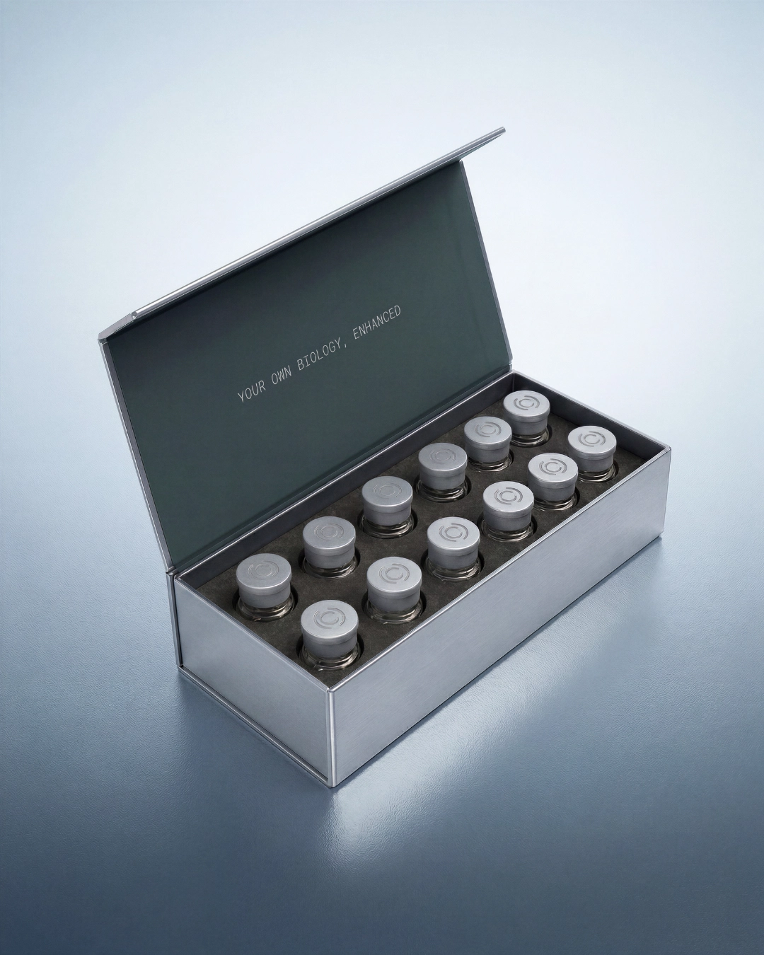 A box containing twelve bottles of secretome serum, elegantly arranged for display.