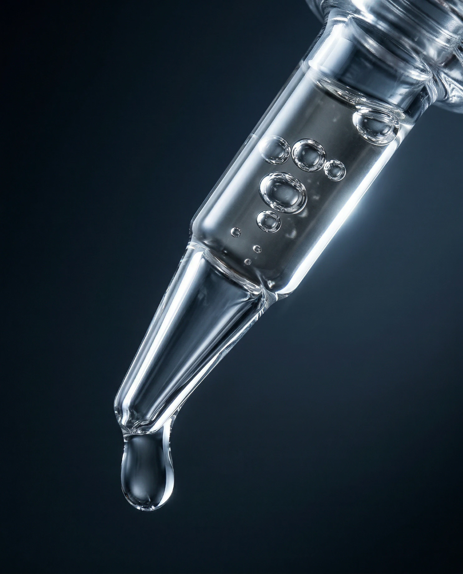 A dropper vial with a clear serum dripping from the tip, showcasing its liquid texture and transparency.