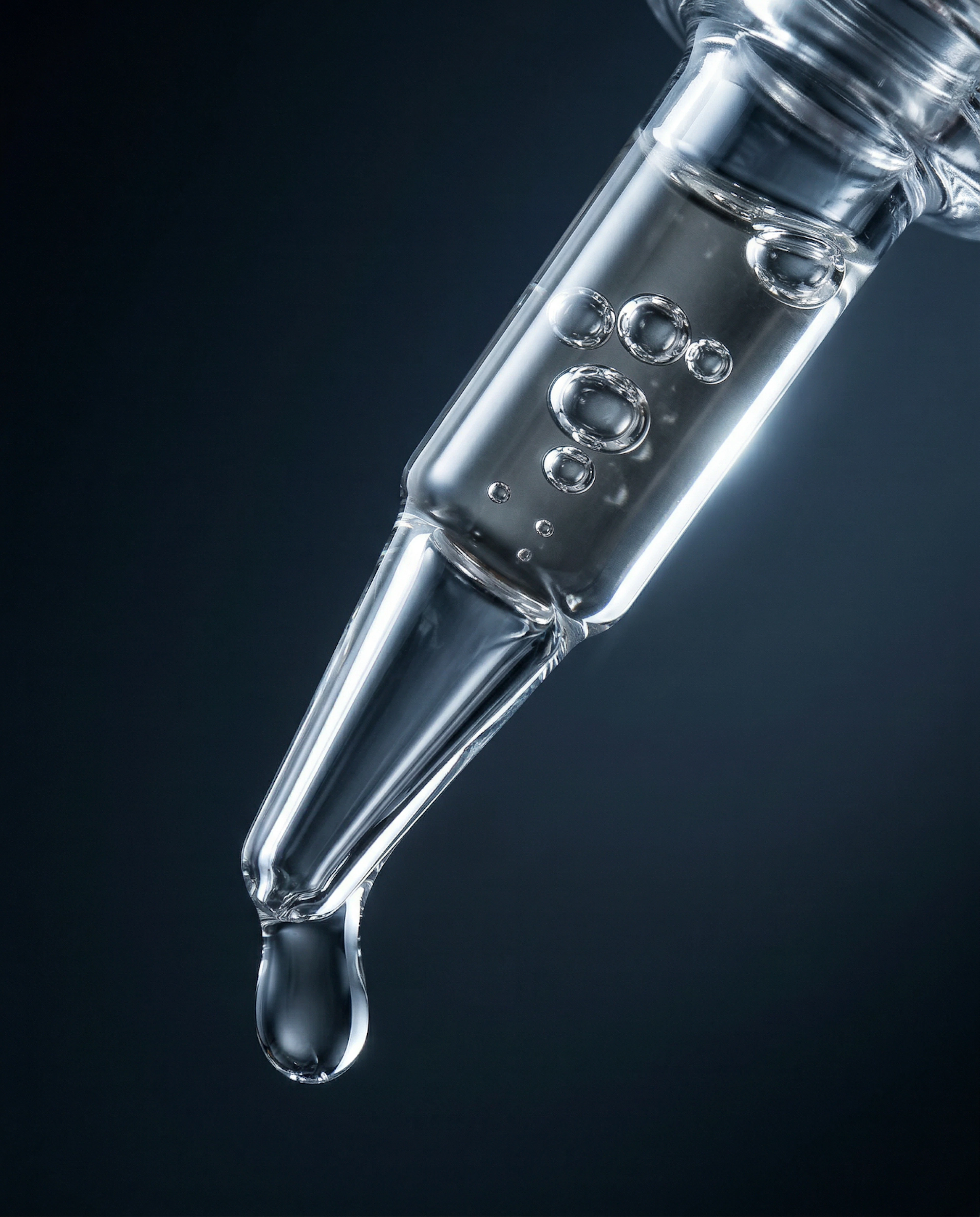 A dropper vial with a clear serum dripping from the tip, showcasing its liquid texture and transparency.
