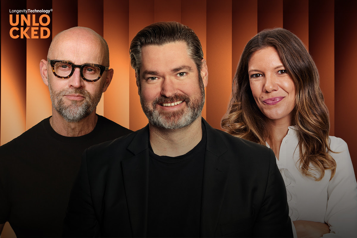 Dr. Drew Taylor, founder of Acorn Biolabs, stands with the Longevity Technology Podcast team, Phil Newman and Dr. Nina Patrick.