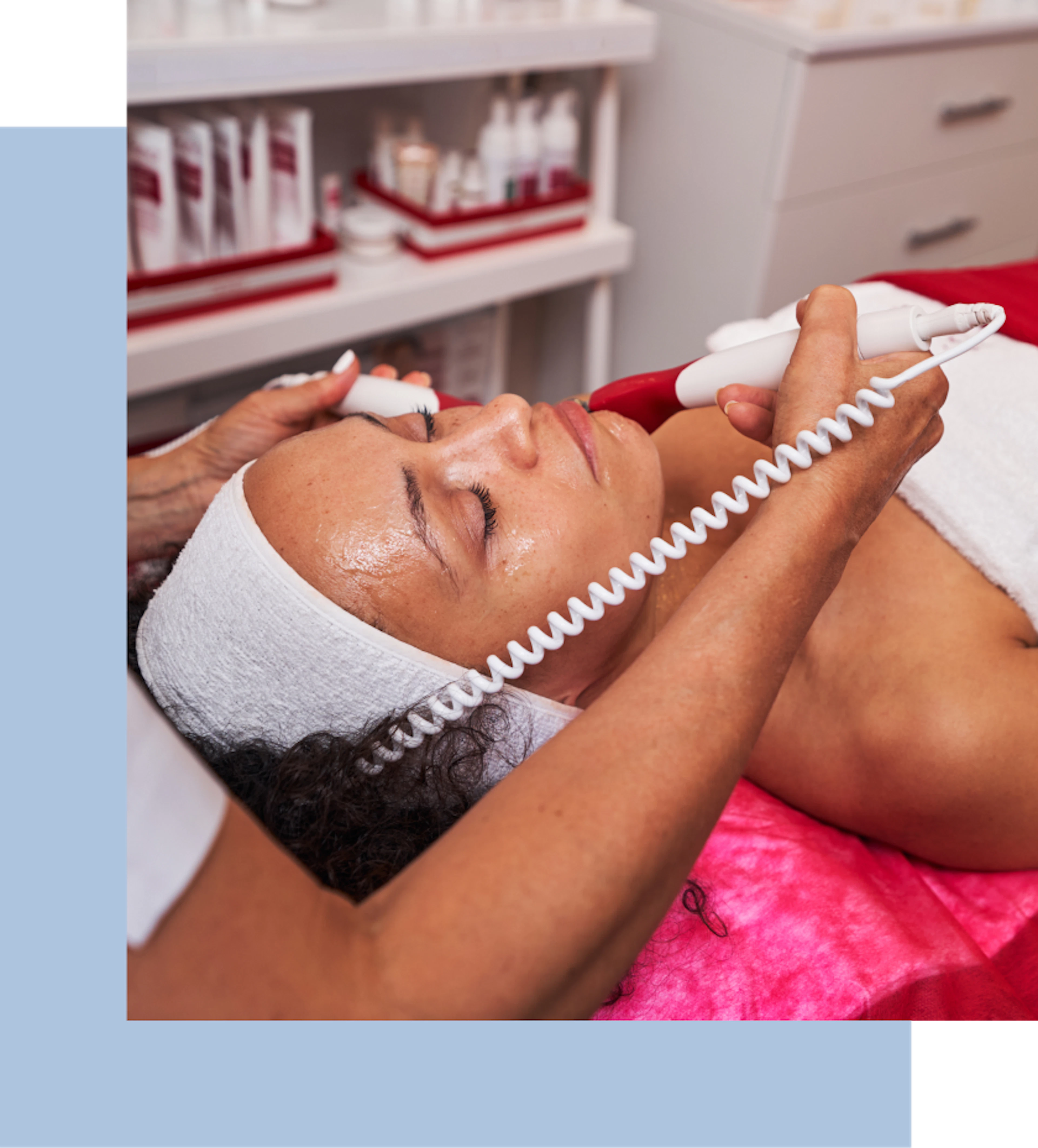 A woman undergoes a facial treatment in a peaceful spa setting, featuring soft lighting and a calming atmosphere.