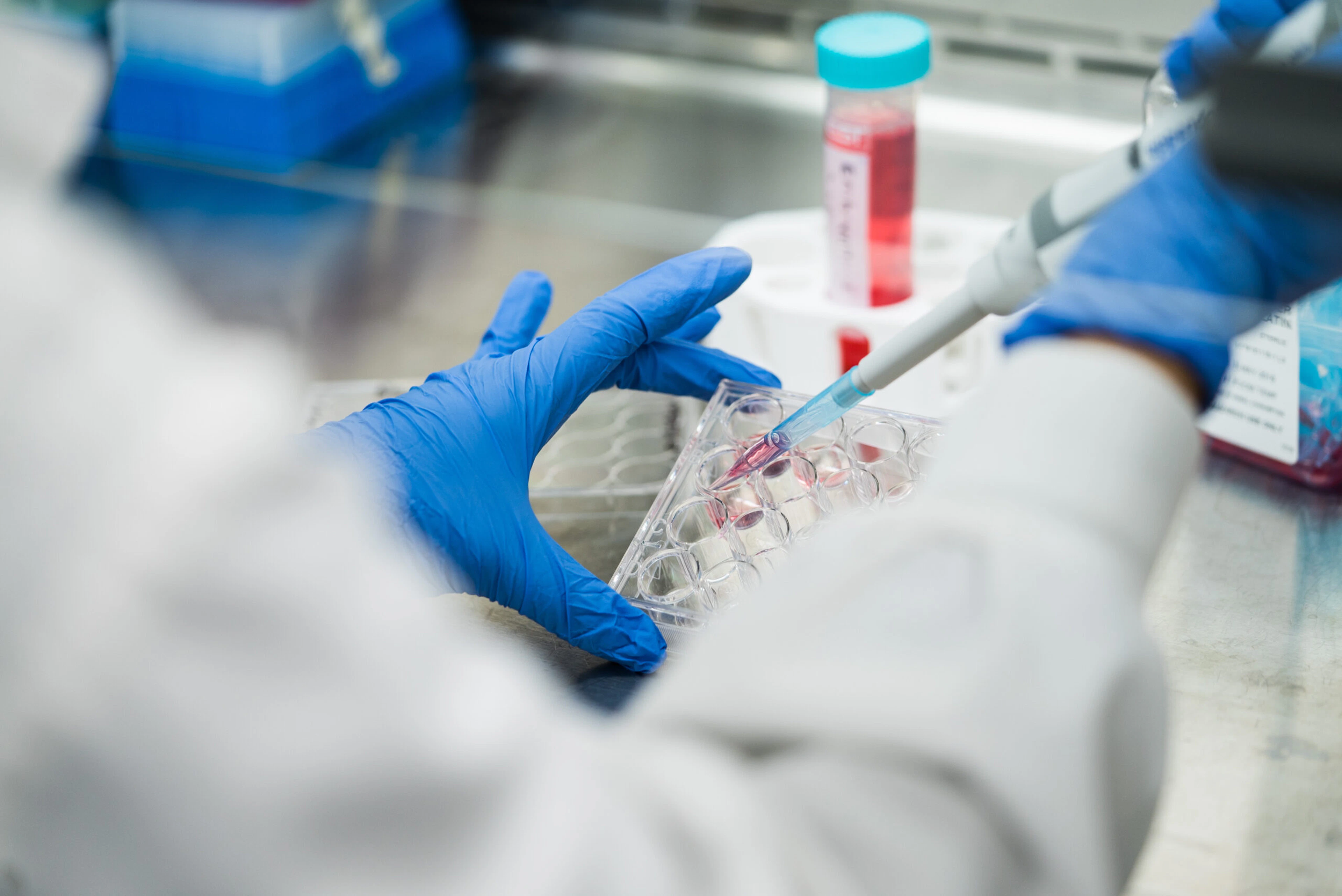 A person in a lab coat holds a test tube, demonstrating a scientific experiment or research activity.