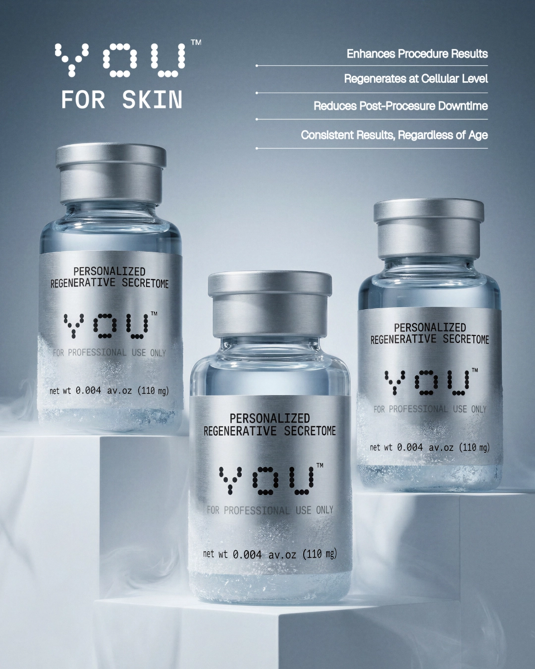 A bottle of secretome, set against a soft, neutral background.