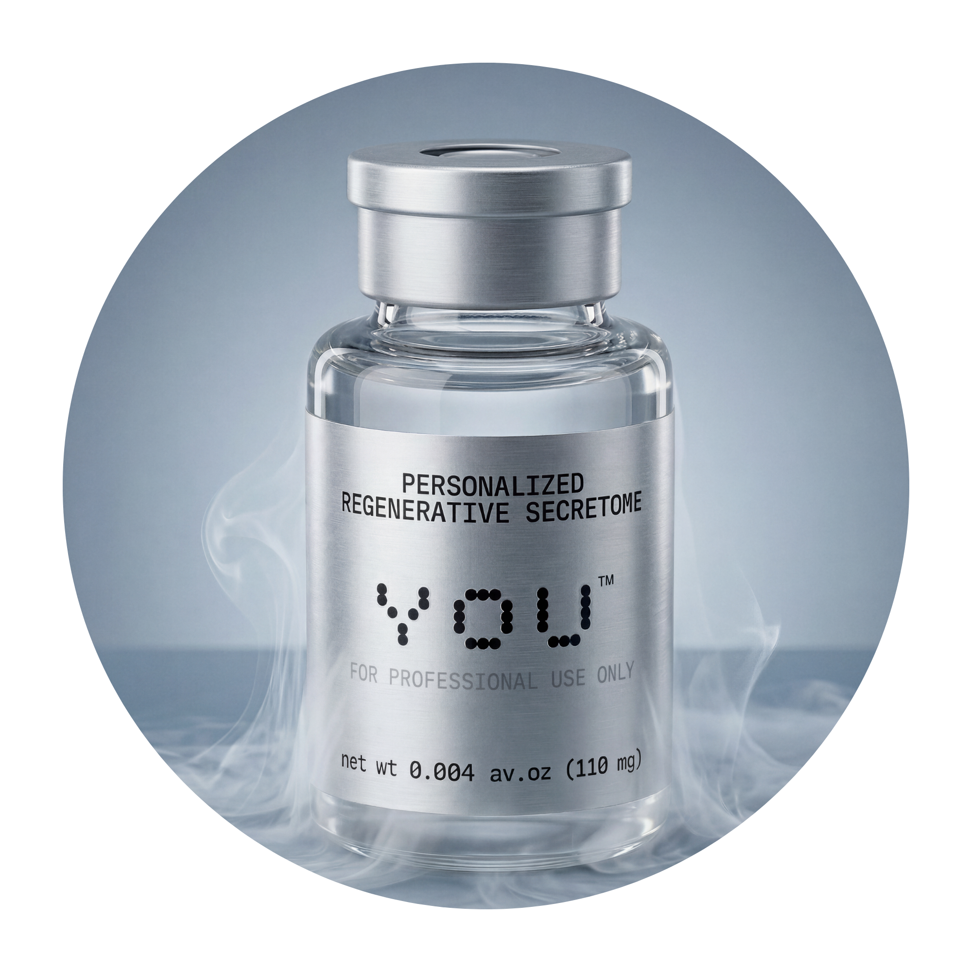 A clear vial containing Acorn's YOU™ regenerative secretome product, set against a soft blue background.