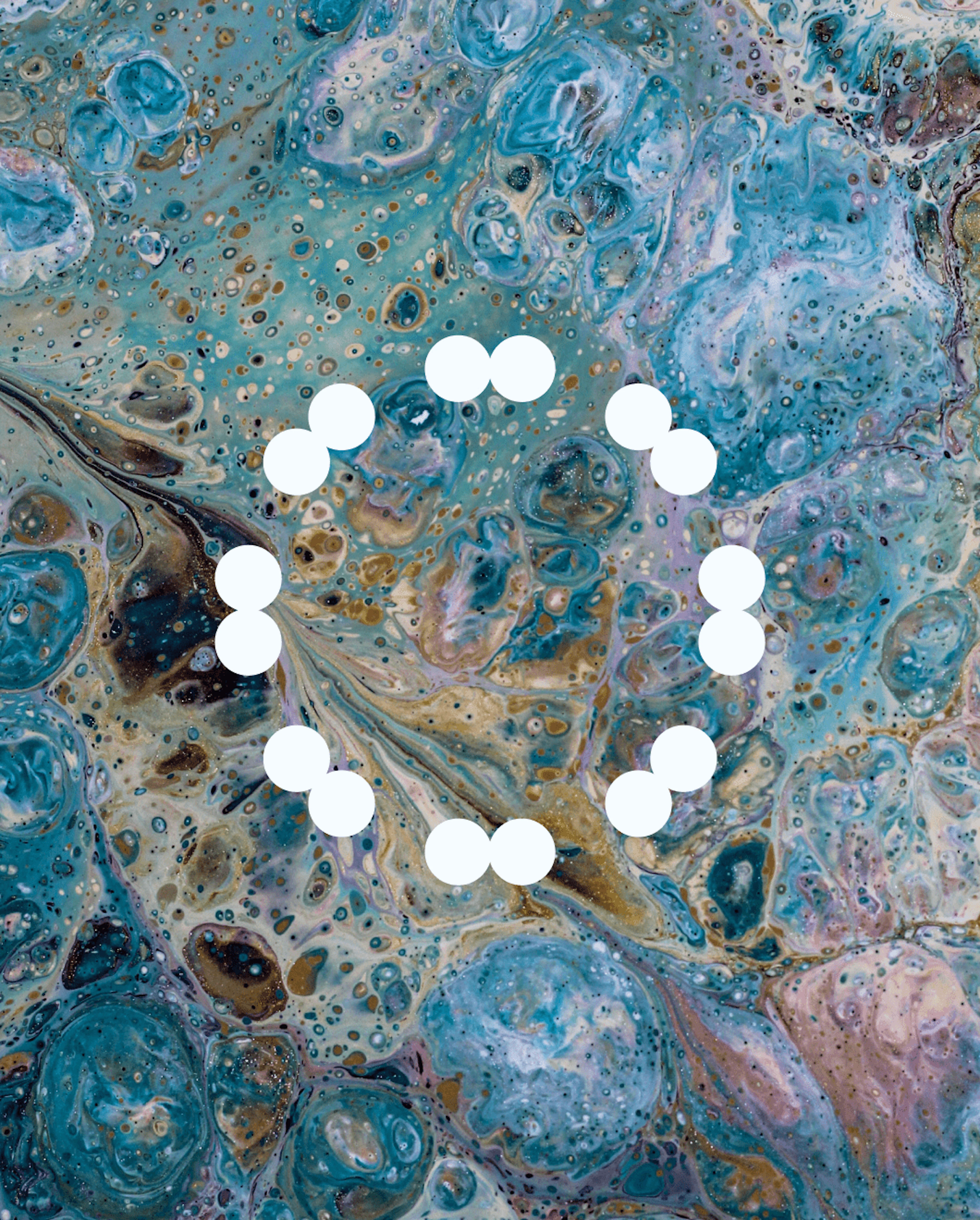 The Acorn Biolabs logo (a circle of white dots) on a blue and white marble surface, creating a striking visual contrast.