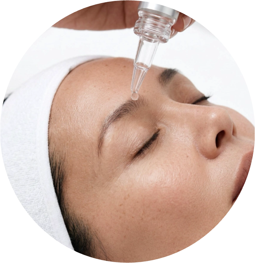 A woman receiving a facial treatment with a dropper applying serum to her forehead.