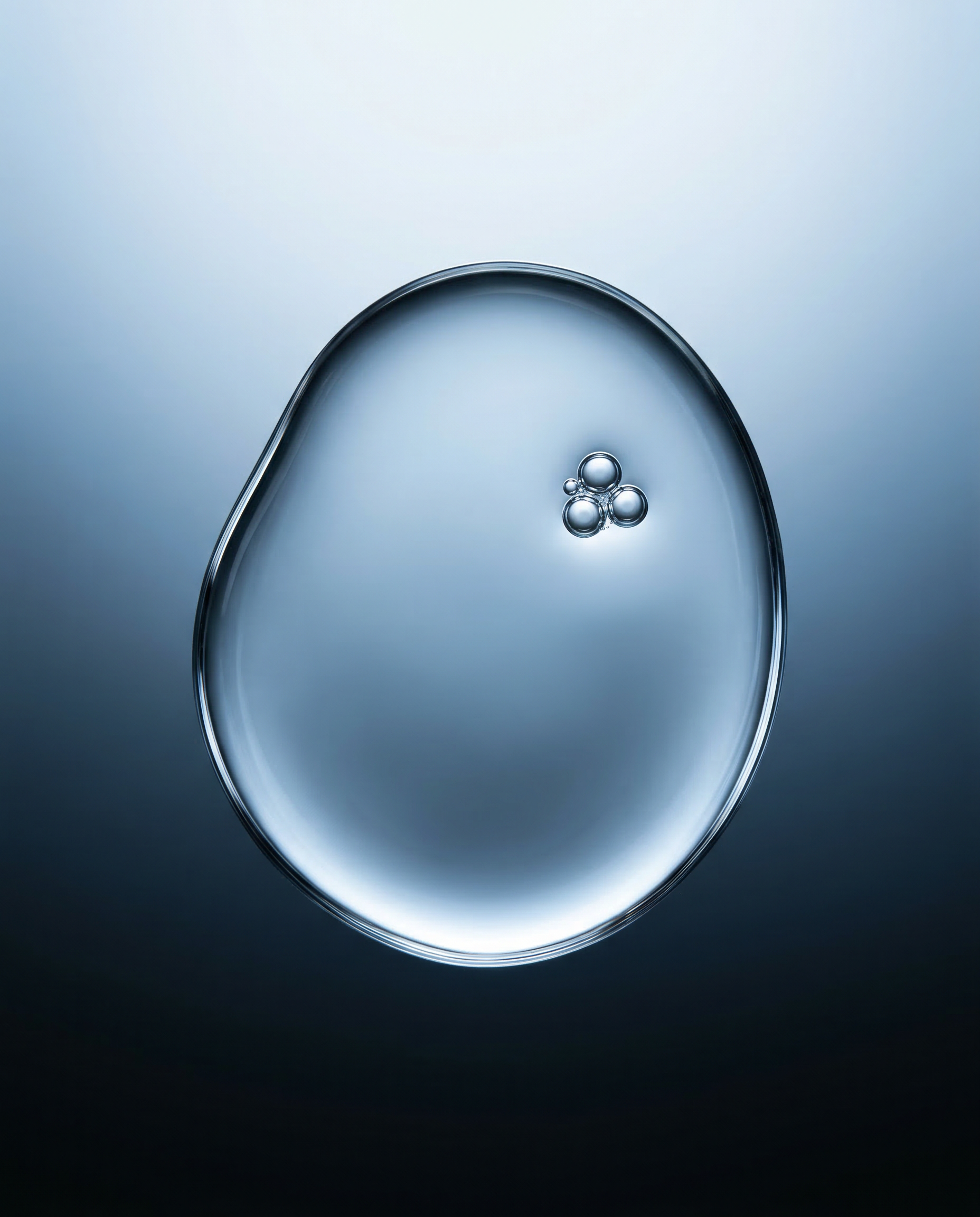 A blue liquid with bubbles floating on the surface, creating a contrast in color and texture.