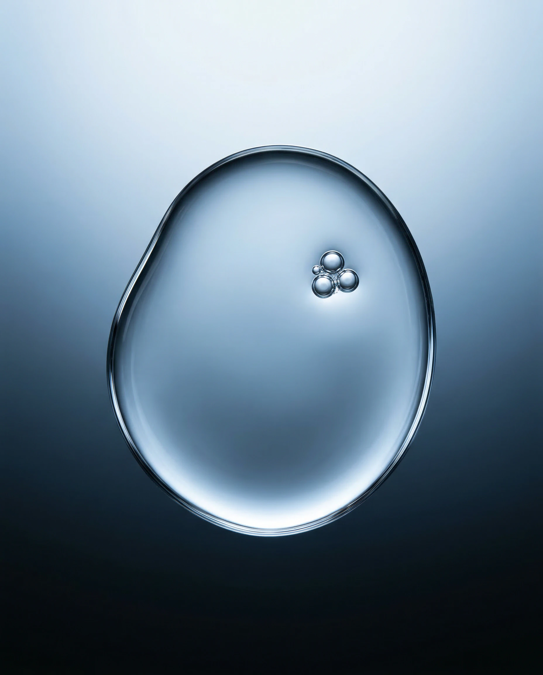 A blue liquid with bubbles floating on the surface, creating a contrast in color and texture.