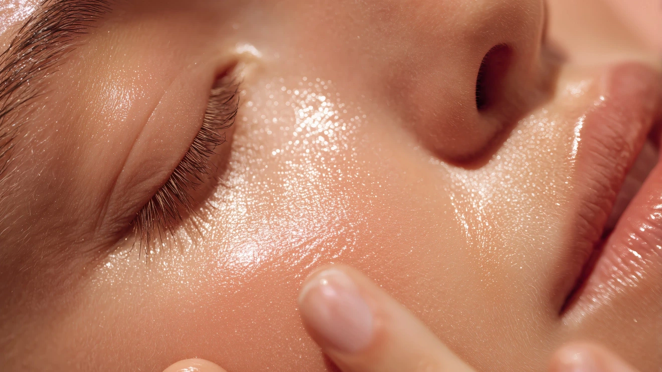 A close-up of a woman's face, showcasing her glowing skin.