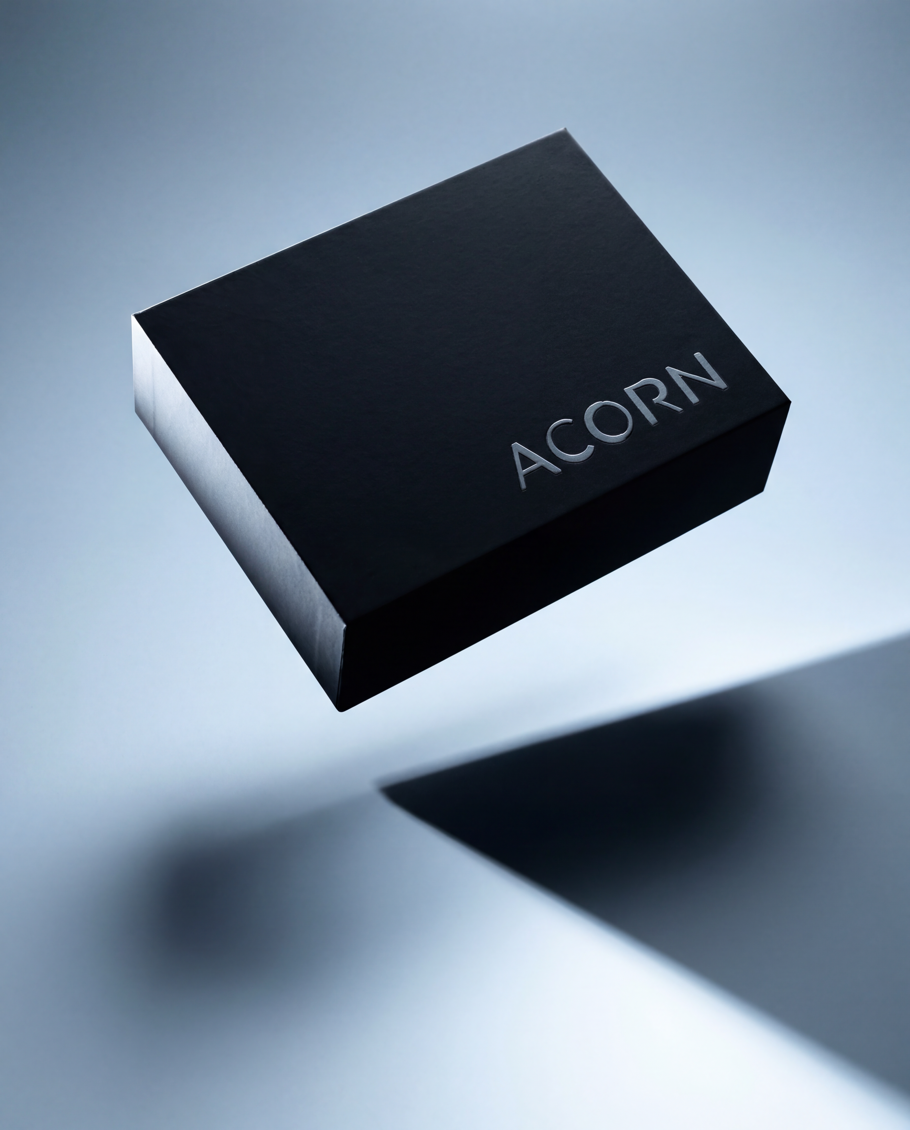 A black box featuring the word Acorn floating a blurred background.