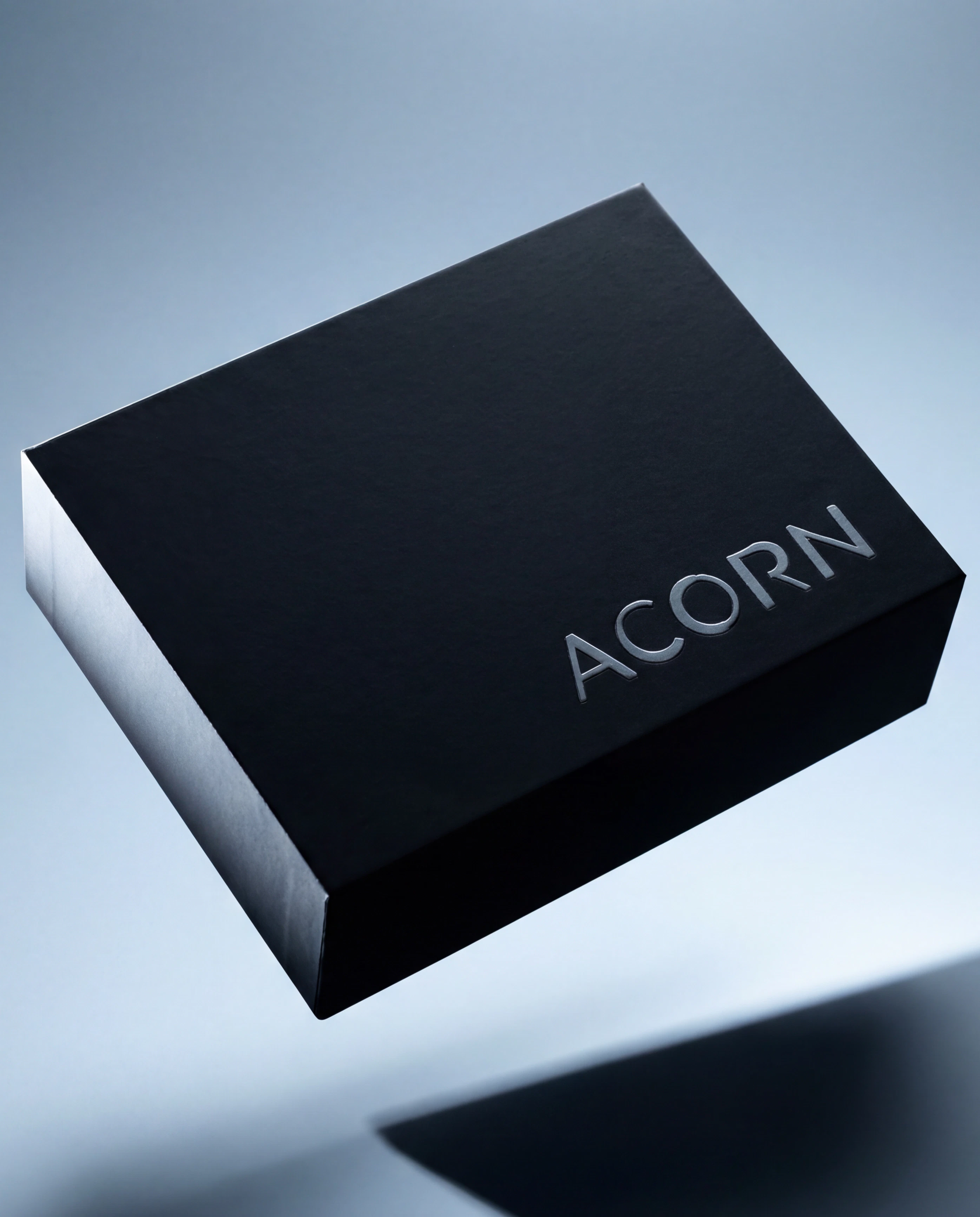 A black box featuring the word Acorn floating a blurred background.