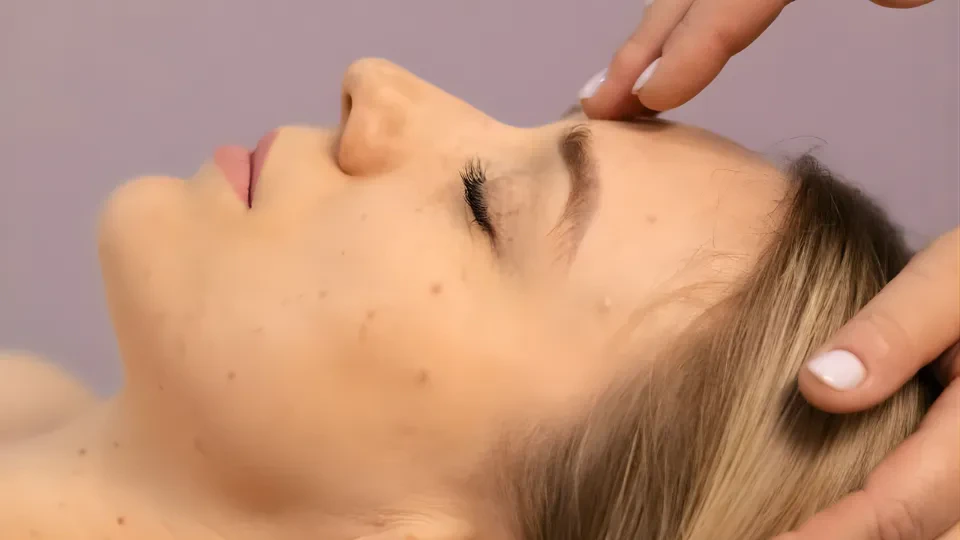 A woman receiving a facial massage, relaxing with her eyes closed and a serene expression on her face.