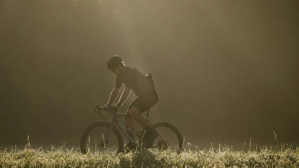 A cyclist riding a gravel bike through a sunlit field with tall grass, surrounded by a misty atmosphere.