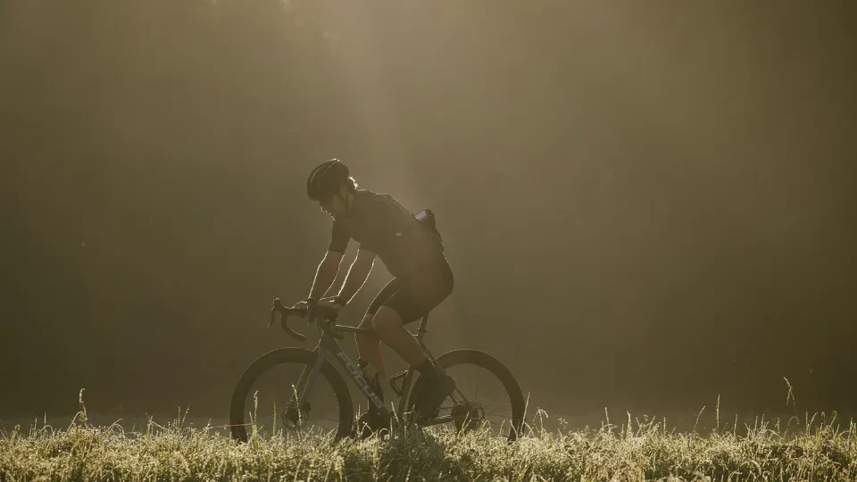 A cyclist riding a gravel bike through a sunlit field with tall grass, surrounded by a misty atmosphere.