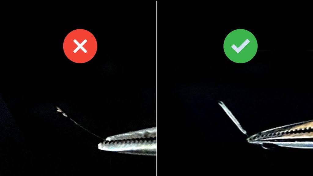 Visual comparison of a hair follicle marked with an 'X' and a check, highlighting contrasting conditions or features.