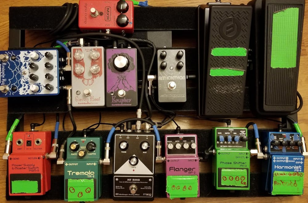 Guitar pedalboard with adhevise on the pedals