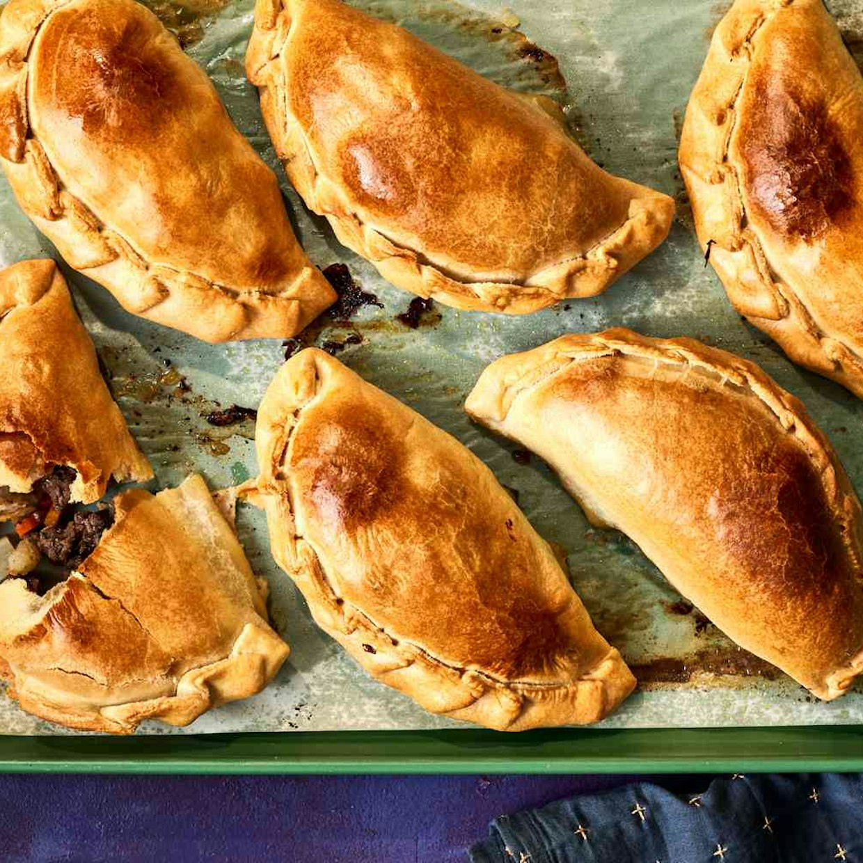 A tray of freshly baked Cornish pasties