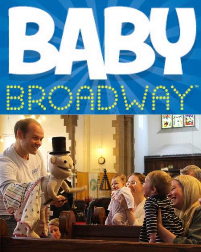 The title of "Baby Broadway" boldly laid out on a blue light background.
