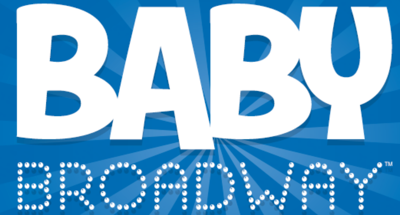 The title of "Baby Broadway" boldly laid out on a blue light background.