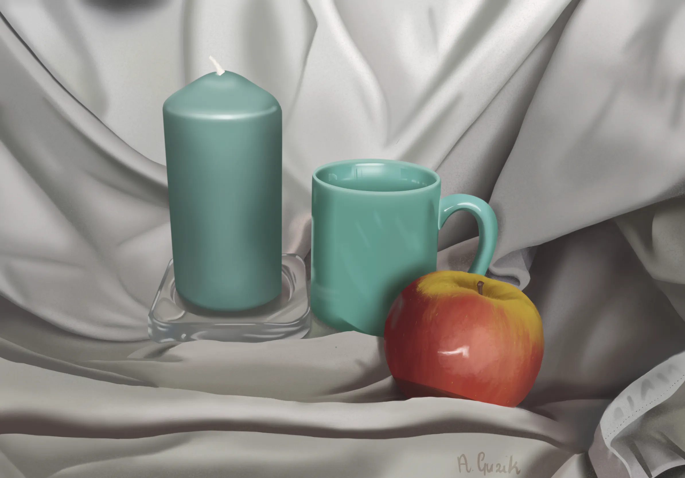 Apple, mug and a candle 