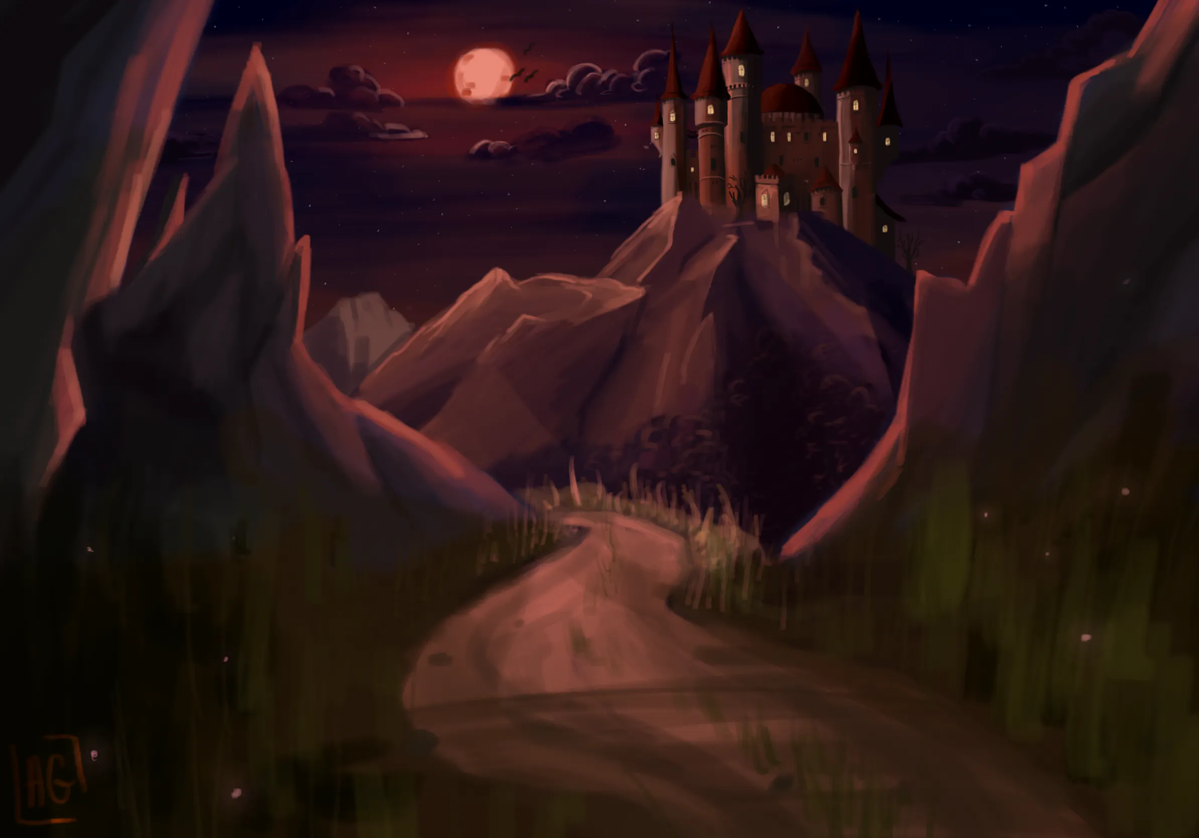 Castle on a hill at night