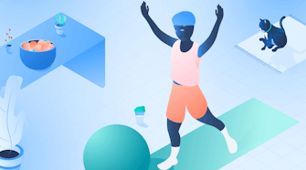 Illustration of a person trying to eat healthy and to exercise.