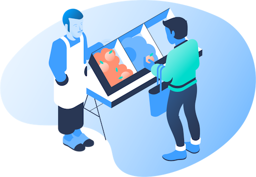 An illustration of a man buying fresh fruit at a stand.