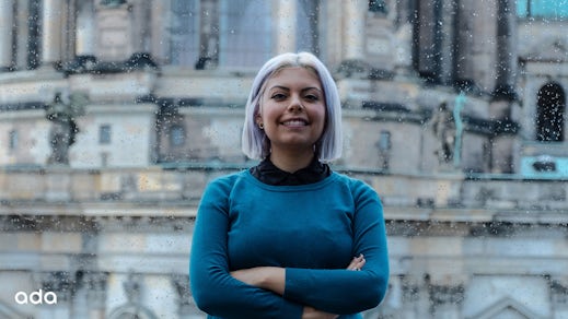 Photo shows Elba standing in our headquarters opposite the Berliner Dom.