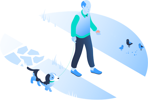 An illustration of a man walking his dog.