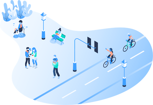 An illustration of several different groups of people outside talking, reading, or riding their bikes.