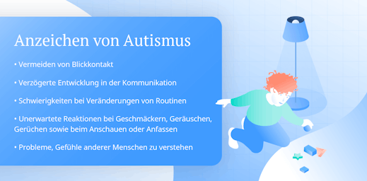Eine Infografik über Autismus Symptome und ein autistisches Kind, das mit Bauklötzen spielt.
