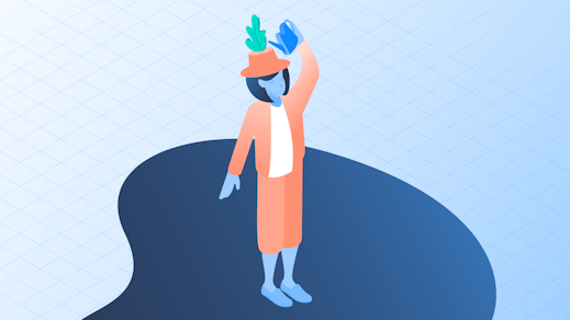 Illustration of a woman taking care of a plant that is on her hat